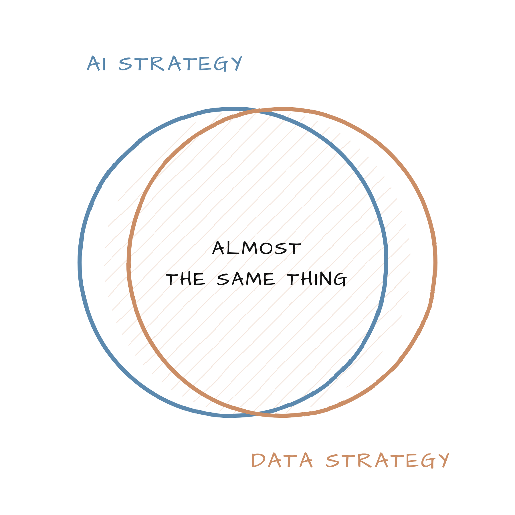 Two overlapping hand-drawn circles labeled AI Strategy and Data Strategy, almost the same thing